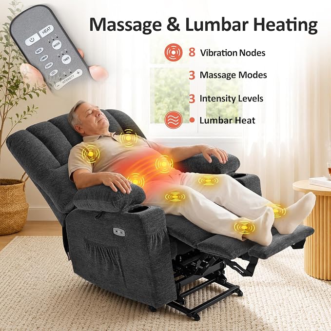 MCombo Oversized Power Lift Recliner Chair for Elderly, Lift Chair with Heat and Massage, Lift Recliner for Big and Tall, Cup Holders, USB & Type C Ports, Fabric R7092 (Dark Grey, Oversize)