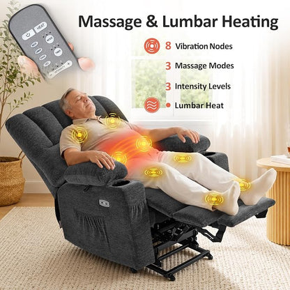 MCombo Oversized Power Lift Recliner Chair for Elderly, Lift Chair with Heat and Massage, Lift Recliner for Big and Tall, Cup Holders, USB & Type C Ports, Fabric R7092 (Dark Grey, Oversize)