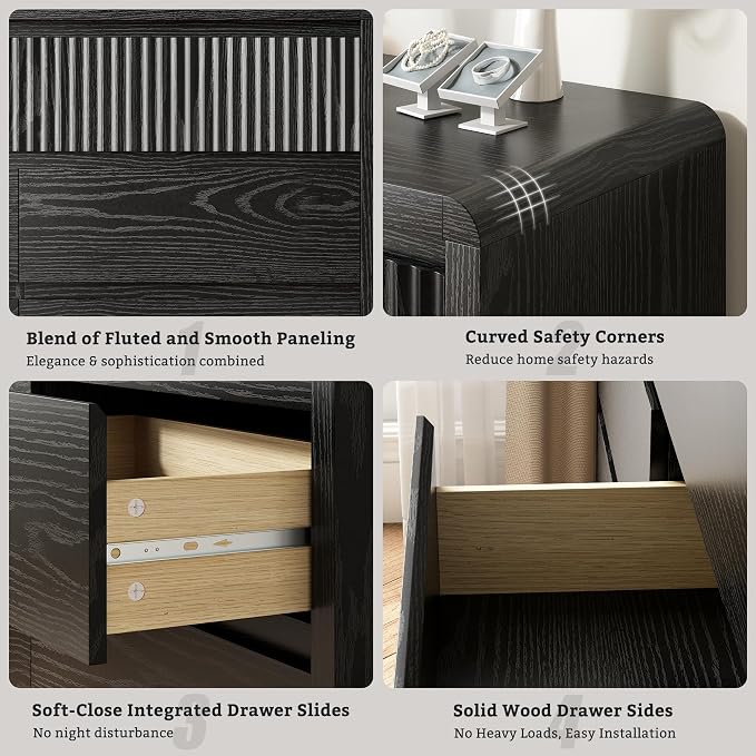 LYNSOM 9 Drawer Dresser for Bedroom, 50" Wide Fluted Dresser with Curved Corners, Wood Dressers & Chests of Drawers with Dual-Panel Design for Bedroom, Entryway, Black