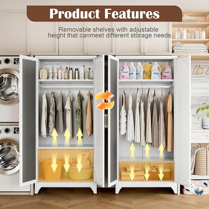 SteeLoong Metal Wardrobe Cabinet with Hanging Rod, 71" Tall Armoire Wardrobe Closet with Mirror Doors and Adjustable Shelves, White Clothing Storage Cabinets for Bedroom, Laundry Room,Office