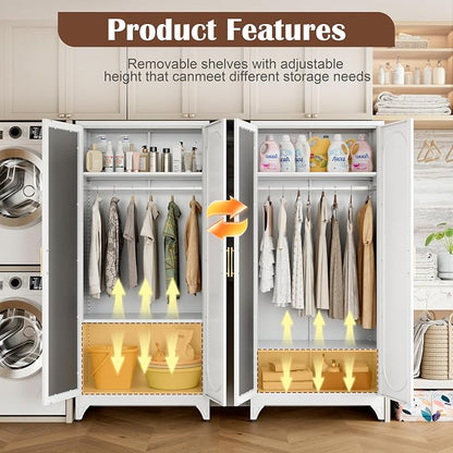 SteeLoong Metal Wardrobe Cabinet with Hanging Rod, 71" Tall Armoire Wardrobe Closet with Mirror Doors and Adjustable Shelves, White Clothing Storage Cabinets for Bedroom, Laundry Room,Office