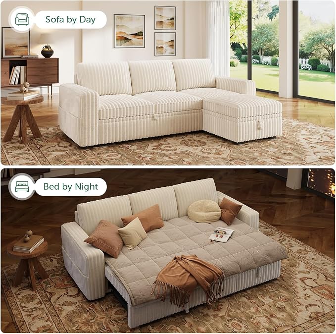 HONBAY Modular Sectional Sofa with Pull Out Bed,Corduroy L Shaped Sleeper Sofa with Storage, Sectional Couches for Living Room,Beige