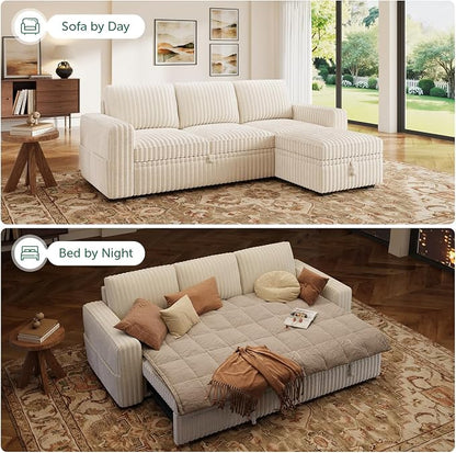 HONBAY Modular Sectional Sofa with Pull Out Bed,Corduroy L Shaped Sleeper Sofa with Storage, Sectional Couches for Living Room,Beige