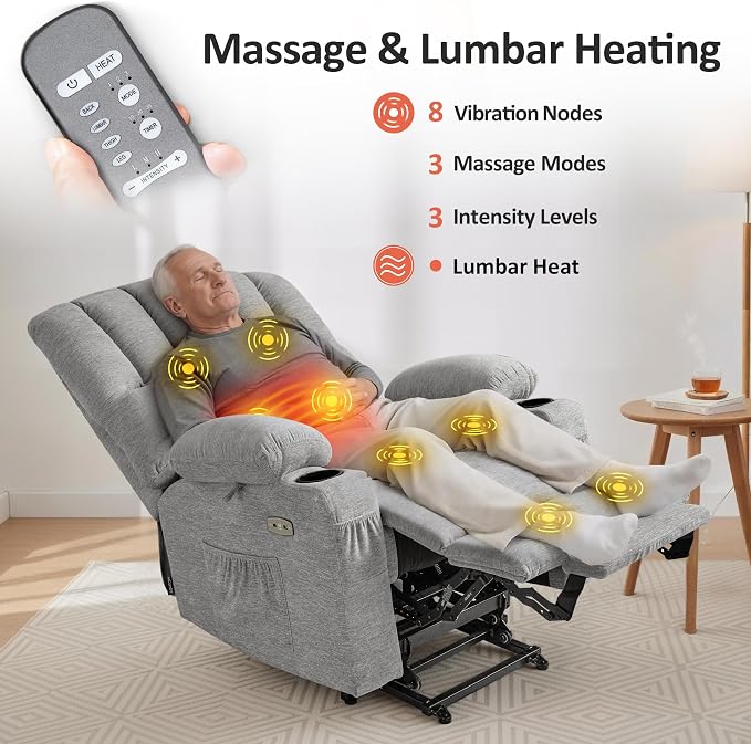 MCombo Power Lift Recliner Chair for Elderly, Lift Chair with Heat and Massage, USB &Type C Ports, Cup Holders, Fabric 7095 (Medium, Grey)
