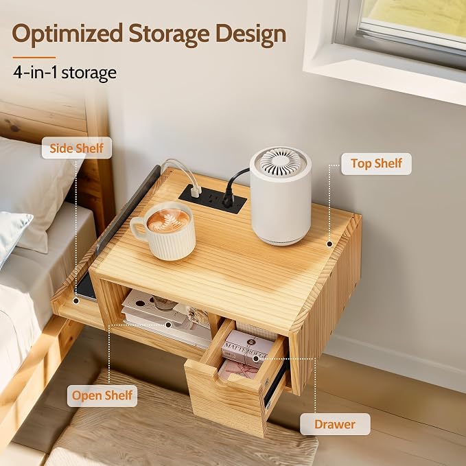 Afuly Floating Nightstand with Charging Station, Wall Mount Night Stand with Drawer Hanging Bedside Table End Table, Solid Wood Modern Side Table Shelf for Bedroom Natural Wooden Decor