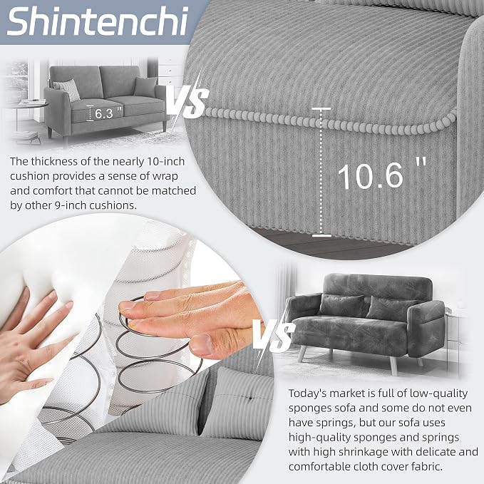 Shintenchi 48'' Loveseat Sofa, Mid-Century Modern Upholstered Couch Deep Seat with 2 Pillows, 10" Thick Cushion with Spring, Solid Wood Frame Small Couch for Living Room, Dorms & Office, Light Grey