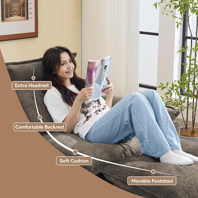 46''Cloud Oversized Sofa Chair with Detachable Headrest, Upholstered Comfy Arm Accent Chair with Ottoman,Modern Chenille Reading Lounge Armchair for Living Room,Bedroom, Brown