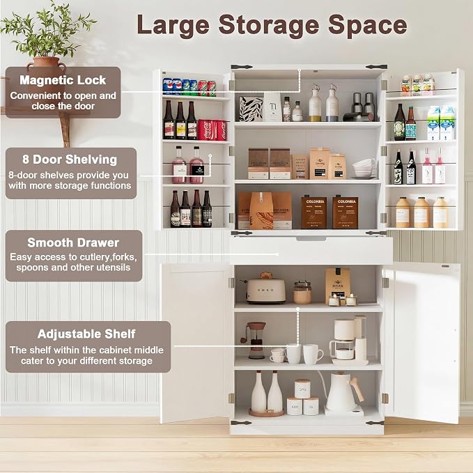 GRUSIGN 72" Kitchen Pantry Storage Cabinet with Doors and Shelves, Wood Farmhouse Pantry Storage with Barn Doors for Kitchen, Dining Room, Living Room