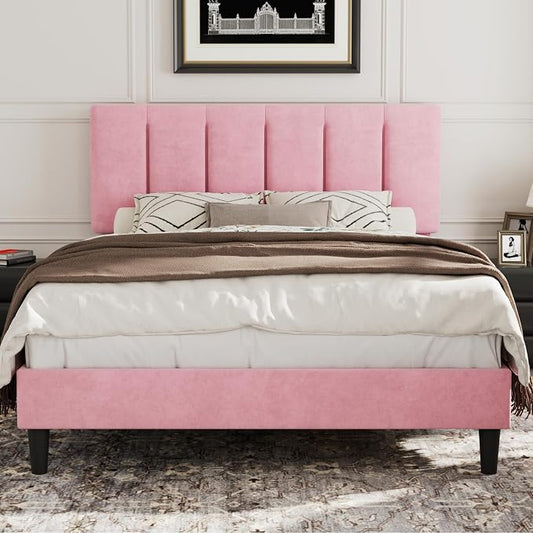 VECELO Full Size Bed Frame with Upholstered Headboard, Heavy-Duty Platform Bedframe with Strong Wooden Slats Support, No Boxing Spring Needed, Velvet & Pink