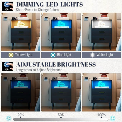 LVSOMT Black Bedroom Nightstand with Charging Station and LED Lights, Modern Bedside Table with Hidded Drawer, Smart Night Stand with Open Storage Shelf, USB Port, Metal Legs