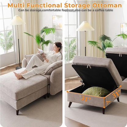 Rexulqo Oversized Accent Chair with Ottoman,All Seats Storage,Comfy Armchair,24.5'' Deep Seat,Upholstered Living Room Chairs,Reading Chair,Lounge Chair for Bedroom,Office,Chenille,Khaki