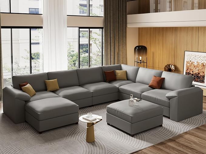 EASE MOOSE Faux Leather Sectional Couch, Oversized Modular Sofa, Modern Comfy Modular Couch, Scratch Resistant Material Sofas, U Shaped Couch for Big Spaces, Grey