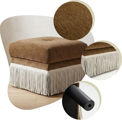 Hyfirm Brown Upholstered Accent Ottoman with Fringe, 22 Inch Square Plush Footstool Ottomans Bench for Bedroom, Modern Boho Pouf Foot Rest for Living Room, Couch