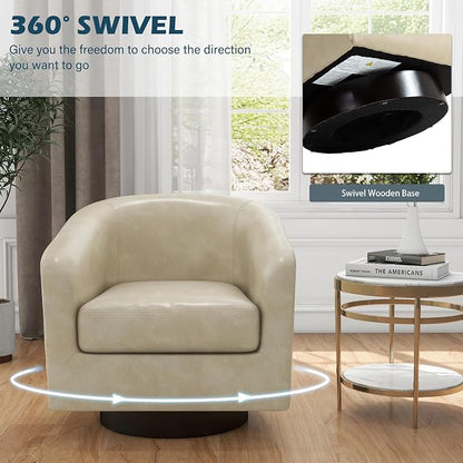 360° Swivel Barrel Accent Chair Armchair, PU Leather Round Club Arm Chair for Lving Room, Modern Upholstered Small Bedroom Single Sofa Seat - Cream, Set of 4