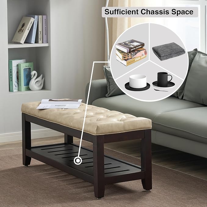adochr PU Leather Large Rectangular Ottoman with Storage,Upholstered Entryway Bench for Living Room, Oversized Button Tufted Ottoman with Wood Shelf Storage, Ivory