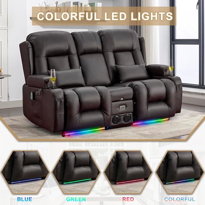 URRED Power Loveseat Recliner Sofa with Massage and Heat, Wall Hugger Reclining Loveseat with Console, RV Couch Home Theater Seating with LED Lights for Living Room (Dark Brown, 67" - 2 Seats)