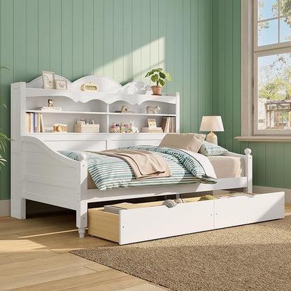 Merax Twin Daybed with Storage Drawers, Wood Twin Day Bed with 3-Tier Storage Headboard Shelves, Retro Style Twin-Size Daybed for Bedroom Guest Room, No Box Spring Needed, Easy Assembly, White