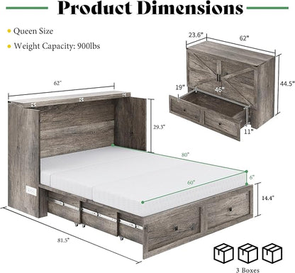 AMERLIFE Queen Murphy Bed Cabinet with 6" Tri-Fold Memory Foam Mattress, Storage Drawer & Charging Station, Space-Saving Guest Bed for Home Office, Rustic Grey