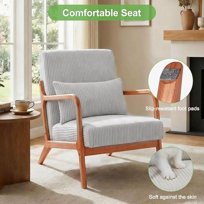 Mid Century Modern Accent Chair with Solid Rubberwood Frame, Comfy Corduroy Reading Armchair with Lumbar Pillow, Compact Lounge Chair for Bedroom, Living Room & Small Spaces, Ivory Cream