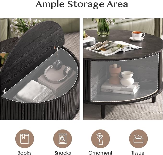 Round Coffee Table with Storage, 31.5" Modern Coffee Table with Sliding Door & Solid Wood Legs, Minimalist Fluted Center Table for Living Room, Home Small Space, Black