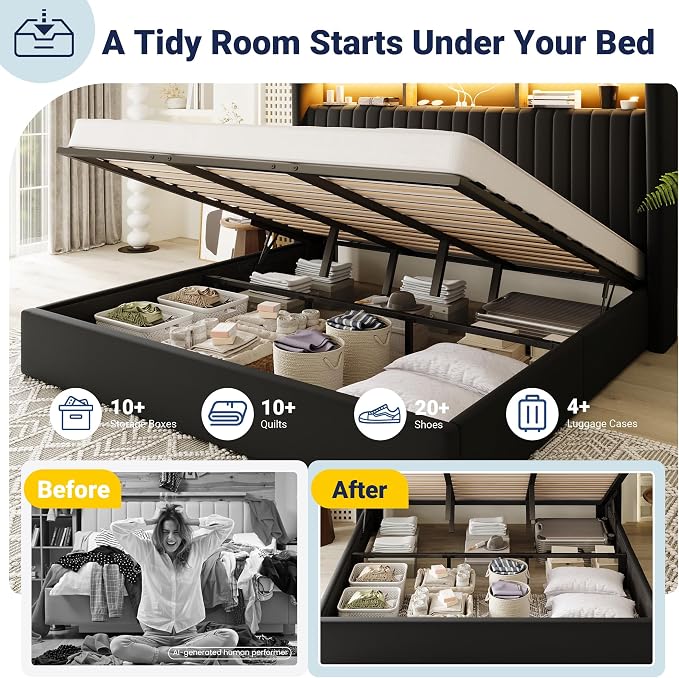 Allewie King Size Lift Up Hydraulic Storage Bed Frame, 2-Tier Shelf Headboard with LED Lights and Charging Station, USB and Type C Ports, Wingback Velvet Headboard, No Box Spring Needed, Black