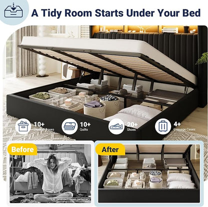 Allewie King Size Lift Up Hydraulic Storage Bed Frame, 2-Tier Shelf Headboard with LED Lights and Charging Station, USB and Type C Ports, Wingback Velvet Headboard, No Box Spring Needed, Black