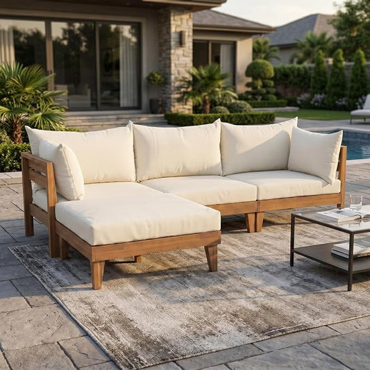 VilroCaz 6-Piece Acacia Wood Outdoor Modular Sectional Patio Sofa Set, Converts to a Daybed, All-Weather Conversation Set with 5 Pillows and 6 Cushions for Backyard, Poolside, Garden