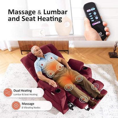 MCombo Big Man Power Lay Flat Lift Chair, Triple Motor Power Lift Recliner with Massage & Dual Heating, Adjustable Headrest, Fabric R7635 (Burgundy, Large-Wide)