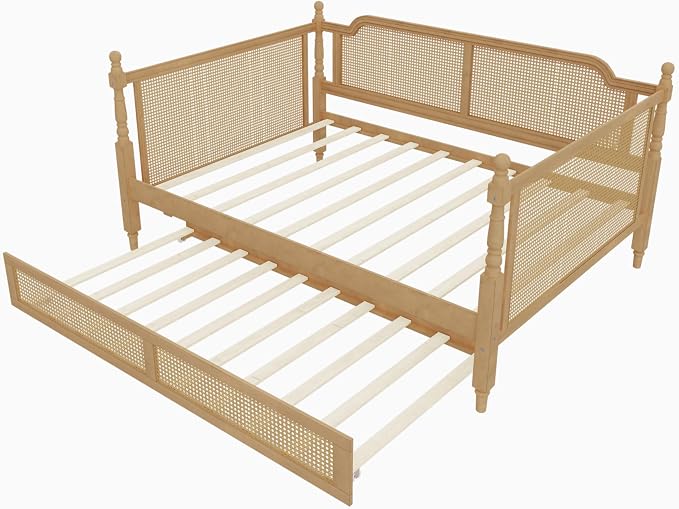 Merax Full Size Bedframe with Full Trundle and Footboard, Vintage Wooden Daybed Platform Bed with Natural Rattan Headboard, No Box Spring Needed, Noise-Free, Antique Walnut