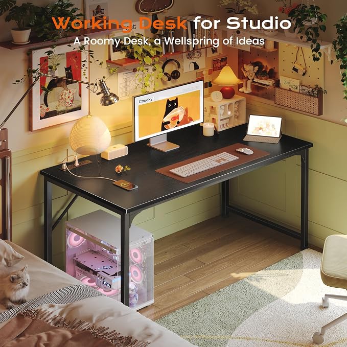 PRAISUN 47 X 24 Inch Deeper Desk with Power Outlets | Computer Desk for Bedroom, Office Desk for Work from Home, Writing Study Gaming Table, Stable Metal Frame, Black