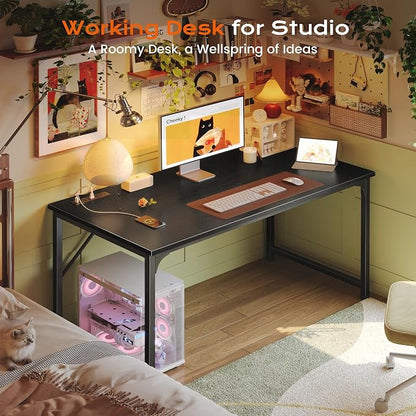 PRAISUN 47 X 24 Inch Deeper Desk with Power Outlets | Computer Desk for Bedroom, Office Desk for Work from Home, Writing Study Gaming Table, Stable Metal Frame, Black