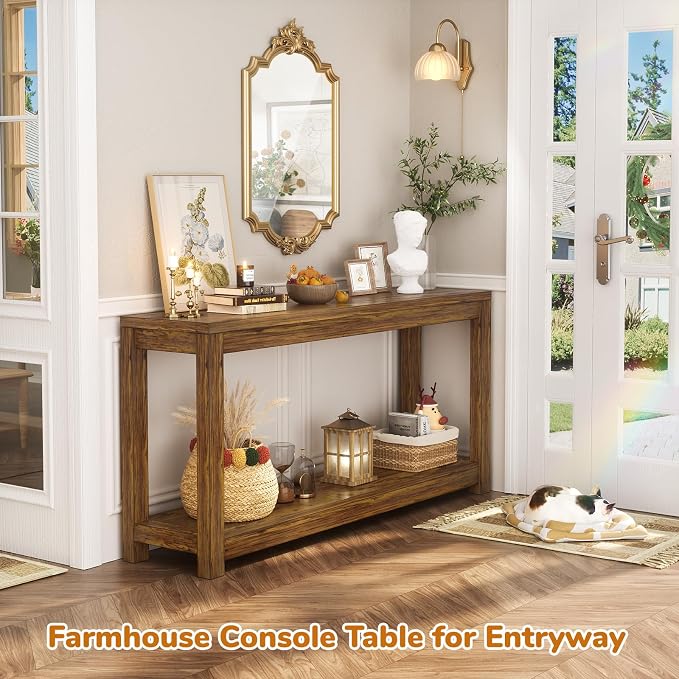 Besiost 47" Farmhouse Wood Entryway Table Narrow Console Table with Storage Behind Couch Sofa Table with Shelves Entry Way Table with Open Storage, Easy Assembly, Rustic Brown