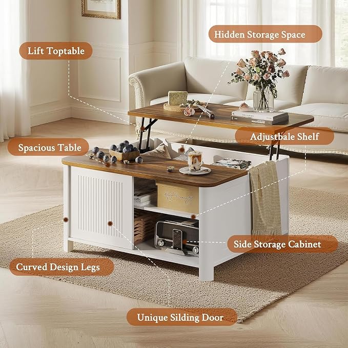 Decofy Lift Top Coffee Table with Storage Mid Century Modern Square Coffee Tables for Living Room, Large Hidden Storage Compartment, Adjustable Shelves & Sliding Door