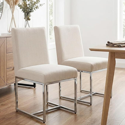 HNY Modern Dining Chairs Set of 2, Upholstered Linen Dining Room Chairs with Ergonomic Back & Polished Silver Metal Frame for Home, Kitchen, Apartment, Cream