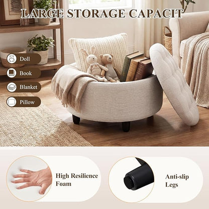 COLAMY Round Hidden Storage Ottoman with Reversible Tray Lid – Multi-Functional Footrest, Sturdy & Stylish Fabric Coffee Table for Living Room, Bedroom, or Entryway, Beige