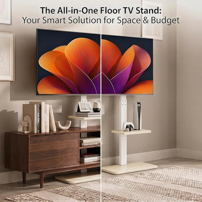 Perlegear Floor TV Stand with Power Outlet, Universal TV Stand for 32-75 inch TVs up to 110 lbs, Tall TV Mount for Bedroom with Shelf, Wood Base, Height Adjustable, Max VESA 600x400mm, White, PGFS06W