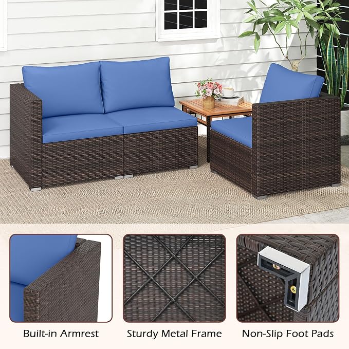 Tangkula 3 Seat Outdoor Wicker Sofa Set, Modular PE Rattan Patio Cushioned Sectional Couch Set, Outside Furniture Set for Deck, Backyard, Porch, Garden & Poolside (Brown-Navy)