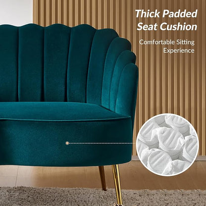 Velvet Upholstered Loveseat Sofa with Gold Metal Legs, Modern Comfy Small Love Seat with Flower Shaped Back, 2-Seater Sofa Accent Couch for Living Bedroom Leisure Areas