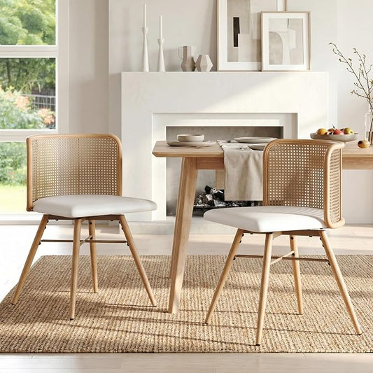 TYBOATLE Farmhouse Rattan Dining Chairs Set of 2 (Cream White) | Boho, Natural Cane Woven Back, Faux Leather Seat, Metal Legs, Upholstered, Kitchen, Dining Room