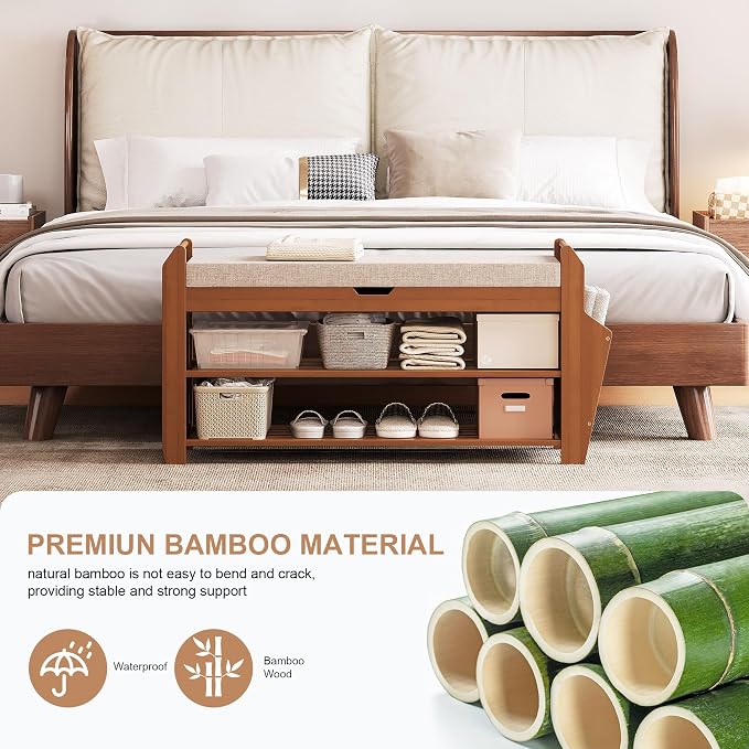 PETKABOO 31.5" Bamboo Shoe Rack Bench with Storage, 3-Tier Entryway Bench with Thick Cushion, Flip-Top & Side Baskets, Holds Up to 550 LBS for Hallway, Living Room, Bedroom