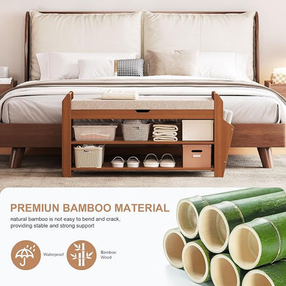 PETKABOO 31.5" Bamboo Shoe Rack Bench with Storage, 3-Tier Entryway Bench with Thick Cushion, Flip-Top & Side Baskets, Holds Up to 550 LBS for Hallway, Living Room, Bedroom