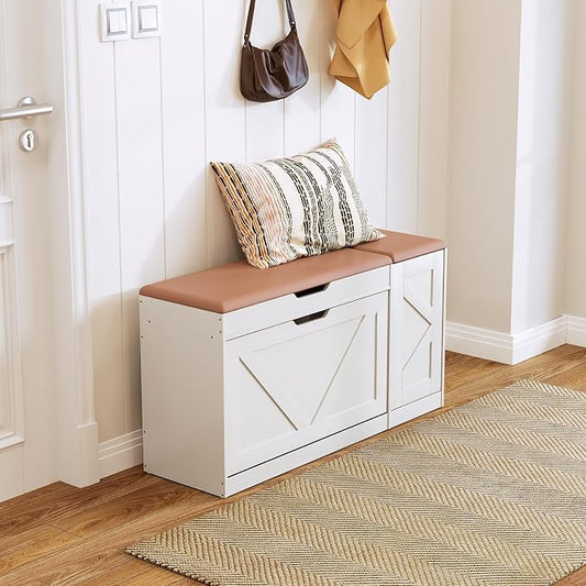 34" Storage Bench with Flip Drawers and Barn Doors, Adjustable Shelf, Flip-up Cabinet & Padded Cushion - Space-Saving Shoe Cabinet, Organizer for Entryway, Hallway, Bedroom