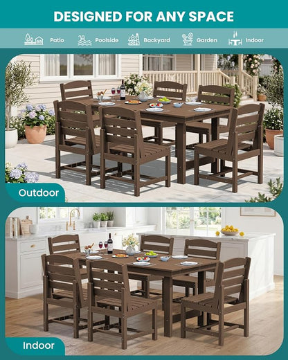 SERWALL Outdoor Dining Sets for 10 Person, HDPE Dining Set with 2 Tables, 8 Armless Chairs and 2 Armed Dining Chairs, Brown