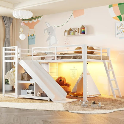 Bellemave Twin Size Loft Bed with 7 Non-Woven Fabric Drawers, Shelves and Wardrobe, Twin Loft Bed with Detachable Slide and Ladders, Low Profile Loft Beds with Lights, Noise Reduced Design White
