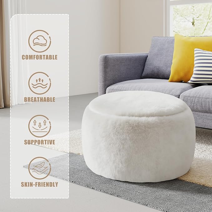 Gericco Round Pouf Ottoman Foot Rest, 29 X 18Inch Floor Poufs Footstool, A Round Modern Foam Filled Foot Stool for Living Room, Home, Nursery, Dorm (White, 29Inch)