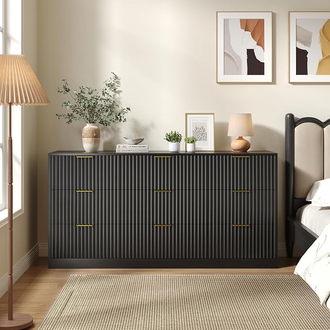 Black 9 Drawer Dresser for Bedroom, 63" Wide Modern Fluted Chest of Drawers, Wooden Dresser with Gold Metal Handles, Mid Century Large Dresser TV Stand for Living Room Hallway