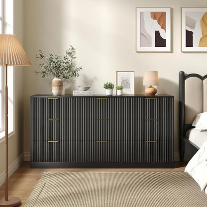 Black 9 Drawer Dresser for Bedroom, 63" Wide Modern Fluted Chest of Drawers, Wooden Dresser with Gold Metal Handles, Mid Century Large Dresser TV Stand for Living Room Hallway