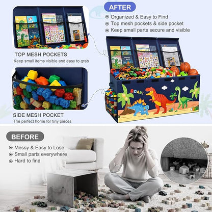 Unicorn Castle Toy Box with Adjustable Divider Toy Chest Storage Large Toy Storage Organizer Bin Collapsible with Lid Pockets for Nursery Playroom,Dark Blue Dinosaur
