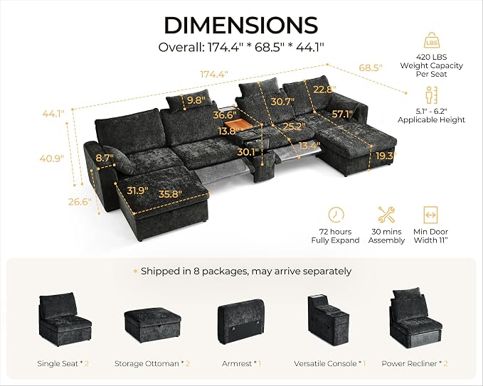 174.4'' Oversized Modular Power Recliner Sofa with Headrest, Deep Cloud Couch with Table, Charging Cup Holders, Convertible U-Shaped 6-Seater Sectional with 2 Storage Ottomans, Chenille, Black