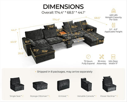 174.4'' Oversized Modular Power Recliner Sofa with Headrest, Deep Cloud Couch with Table, Charging Cup Holders, Convertible U-Shaped 6-Seater Sectional with 2 Storage Ottomans, Chenille, Black